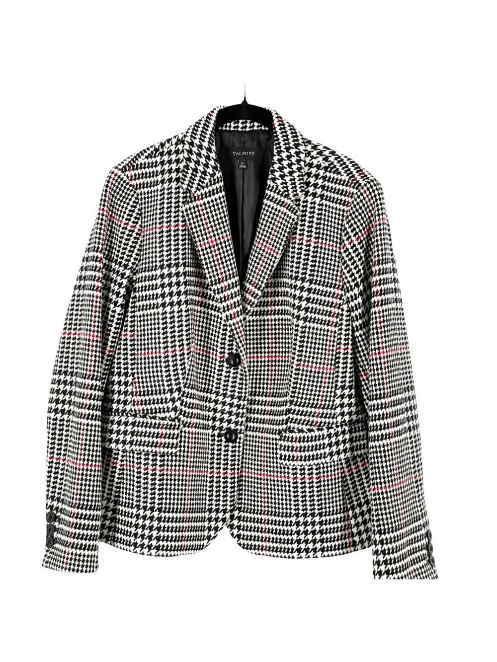 SALE Talbots Houndstooth Blazer Wool Black White Red Single Breast 2-Button 14